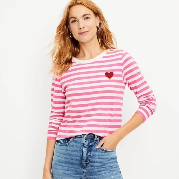 Loft Heart Stripe Long Sleeve Everyday Tee Shirt Pink White - Picture 1 of 7